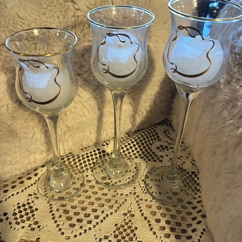LE Smith Trio set of votive/ sherry holders - flying dove design w/gold accents